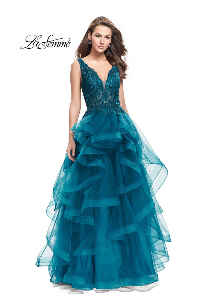 Picture of: Long Ball Gown with Cascading Ruffle Skirt and Lace in Teal, Style: 25982, Main Picture