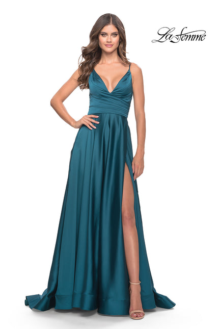 Picture of: A-Line Satin Gown with Ruched Bodice and V Neck in Teal, Style: 31505, Main Picture