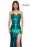 Picture of: Pretty Metallic Jersey Ruched Dress with Sweetheart Neckline in Teal , Style 32806, Detail Picture 15