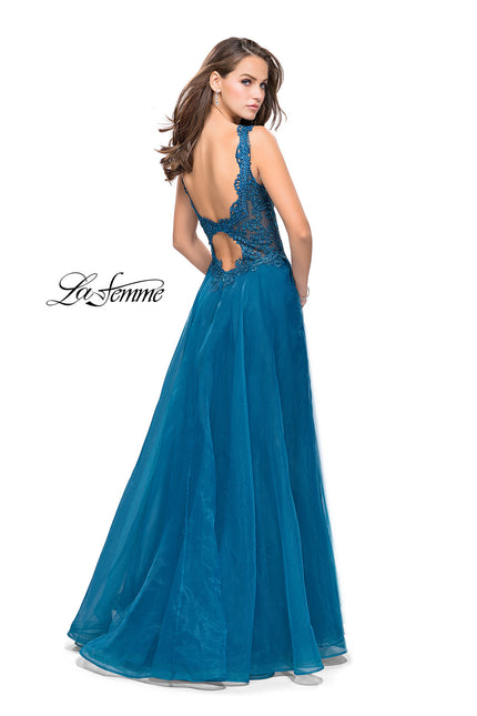 Picture of: Long A-line Prom Dress with Beaded Lace Bodice in Teal, Style: 25970, Back Picture
