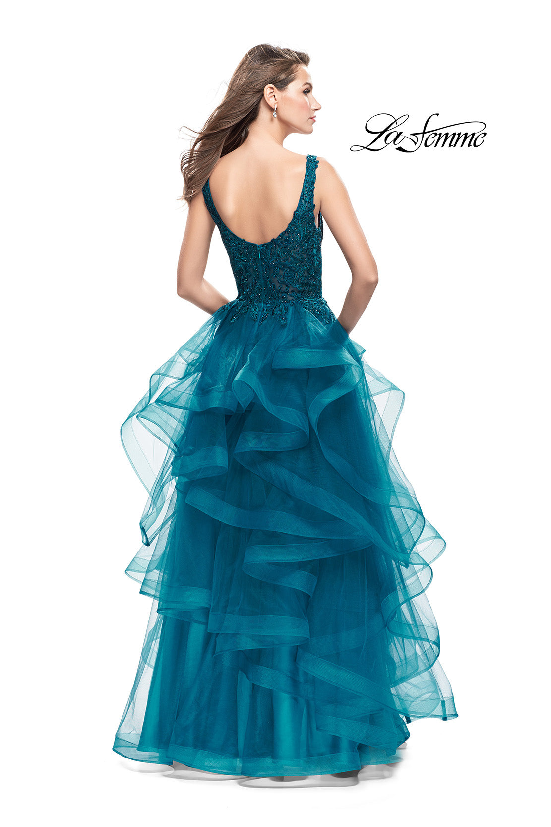 Picture of: Long Ball Gown with Cascading Ruffle Skirt and Lace in Teal, Style: 25982, Back Picture