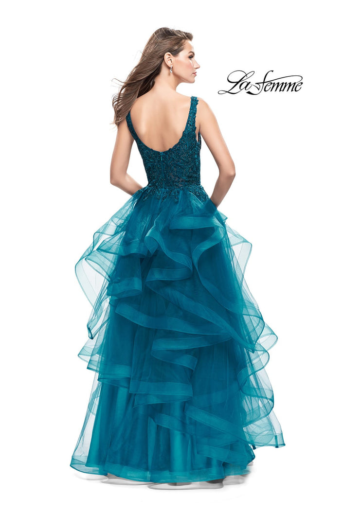 Picture of: Long Ball Gown with Cascading Ruffle Skirt and Lace in Teal, Style: 25982, Back Picture