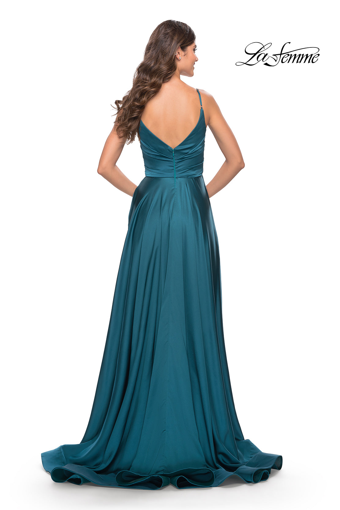Picture of: A-Line Satin Gown with Ruched Bodice and V Neck in Teal, Style: 31505, Back Picture