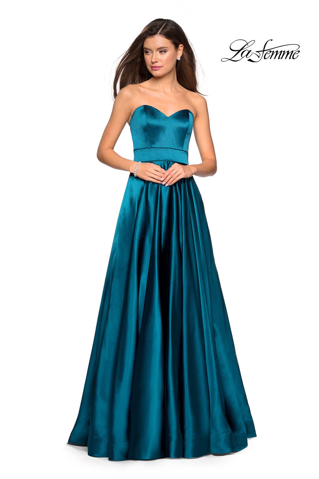 Picture of: Strapless Metallic Prom Gown with Empire Waist in Teal, Style: 27506, Detail Picture 1