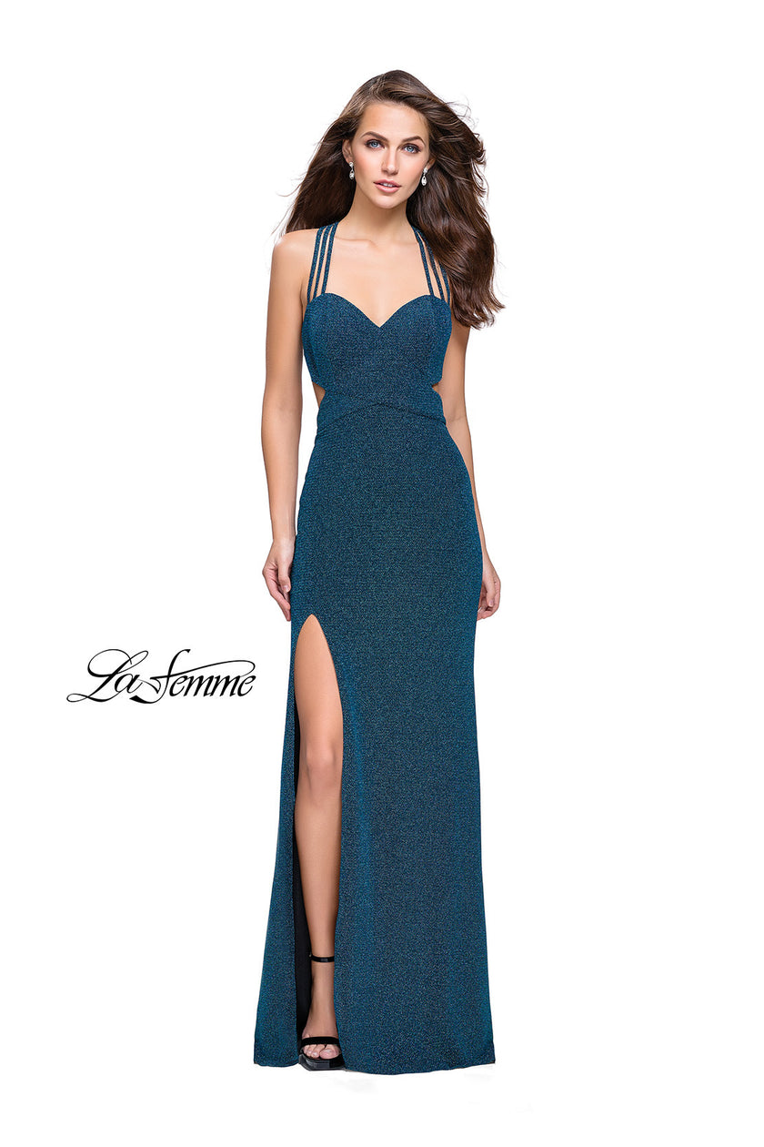 Picture of: Sparkly Jersey Dress with Side Cut Outs and Strappy Back in Teal, Style: 25258, Detail Picture 2