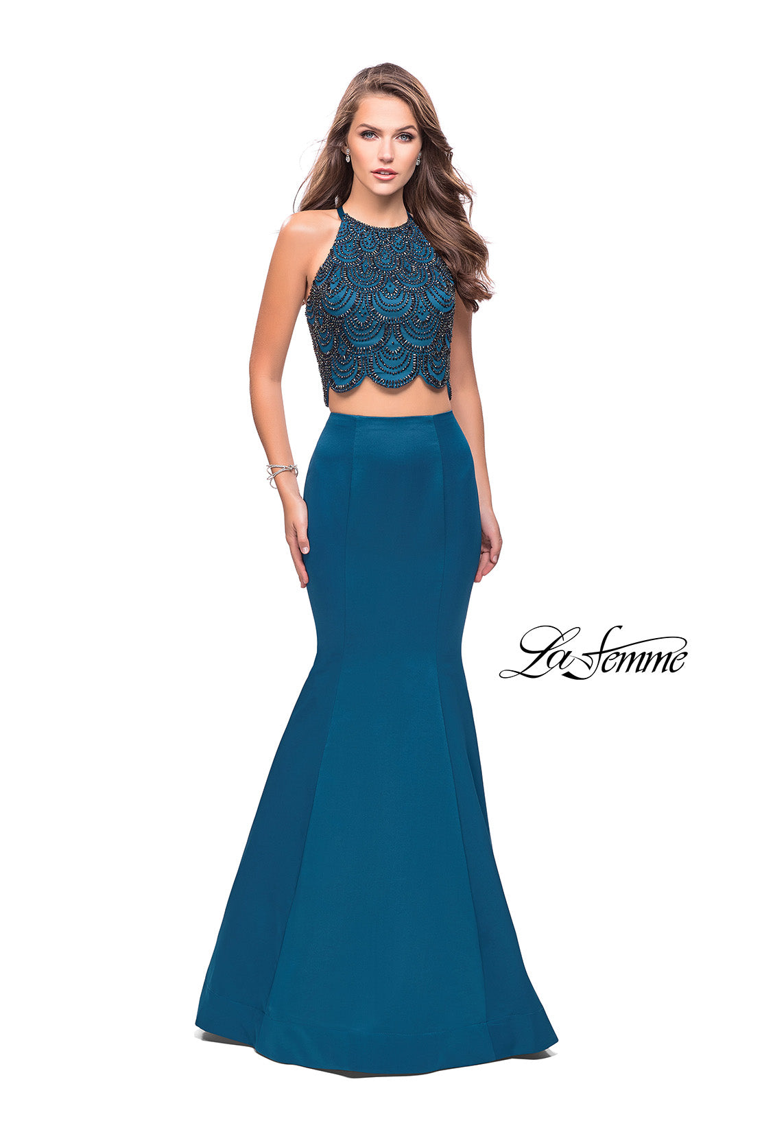 Picture of: Two Piece High Neck Prom Dress with Beading in Teal, Style: 26035, Detail Picture 2