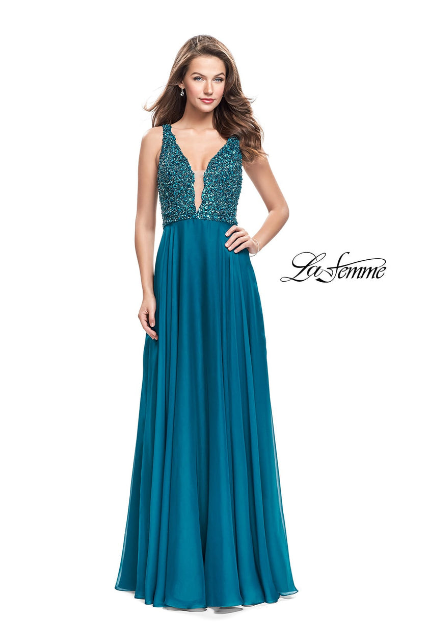 Picture of: A-Line Prom Gown with Chiffon Skirt and Beaded Bodice in Teal, Style: 26053, Detail Picture 2