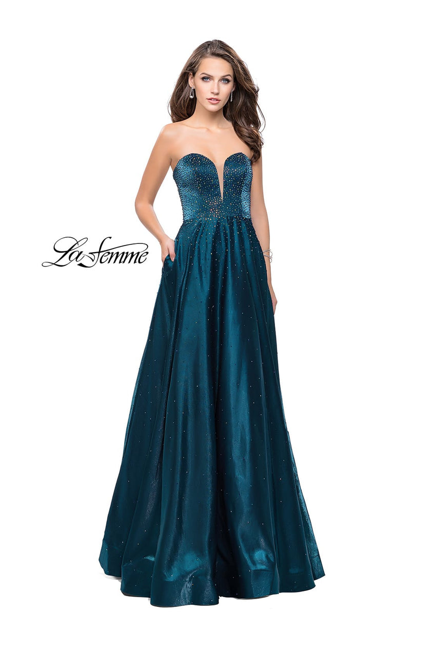 Picture of: Long Strapless Mikado Ball Gown with Beading in Teal, Style: 26104, Detail Picture 2