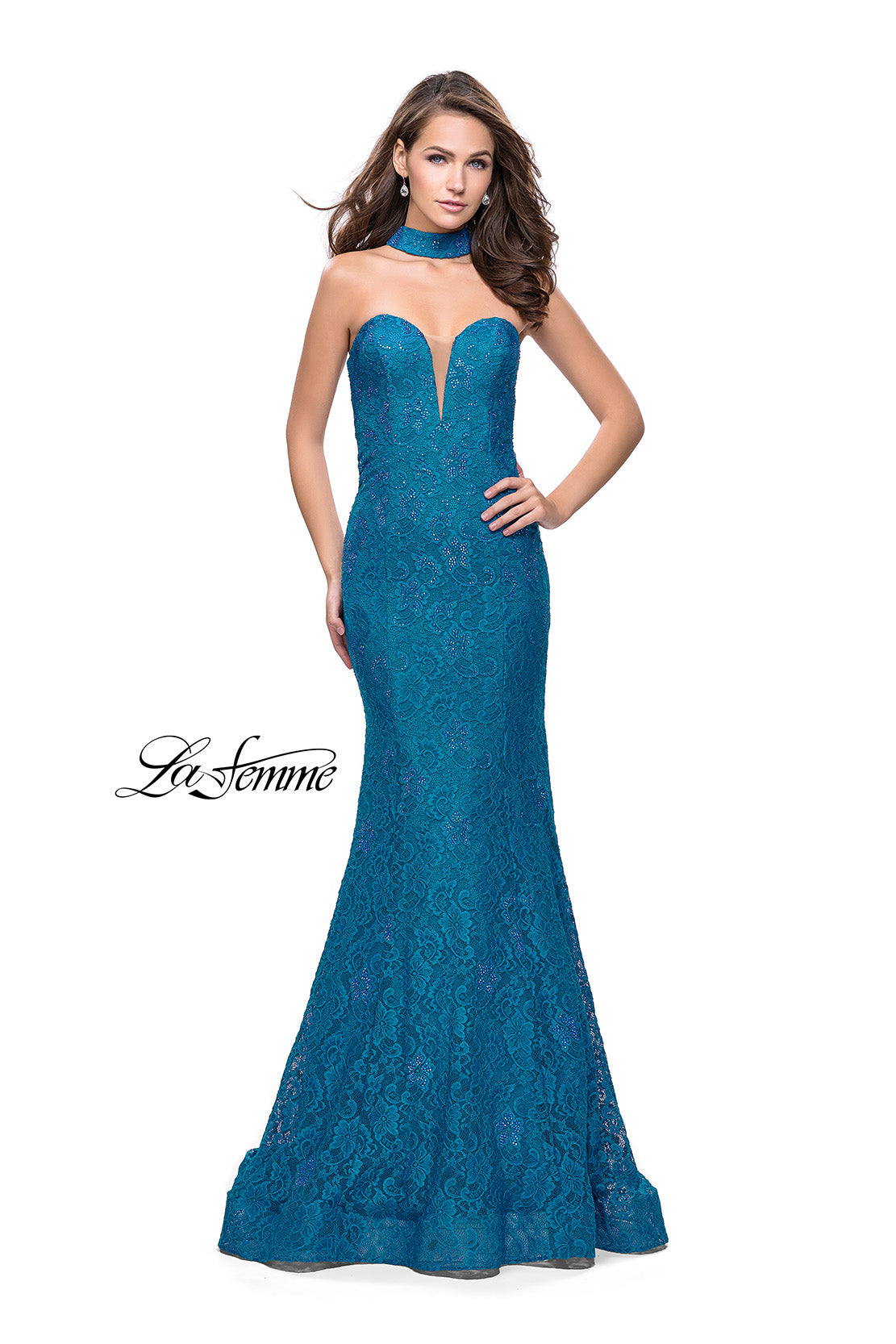 Picture of: Strapless Beaded Lace Mermaid Dress with T Back in Teal, Style: 26261, Detail Picture 2