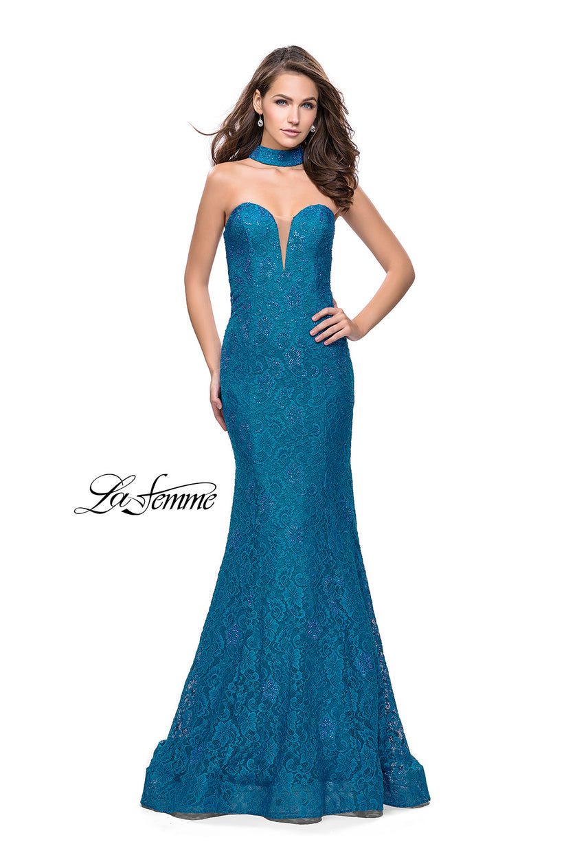 Picture of: Strapless Beaded Lace Mermaid Dress with T Back in Teal, Style: 26261, Detail Picture 2