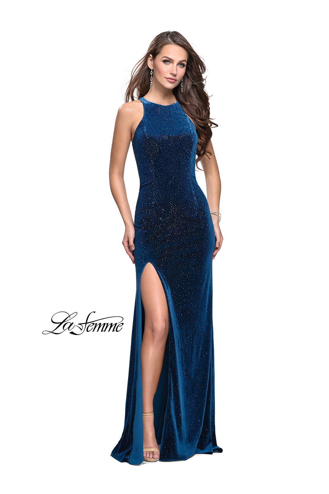 Picture of: Sparkling Velvet Prom Dress with Rhinestone Beading in Teal, Style: 25679, Detail Picture 3