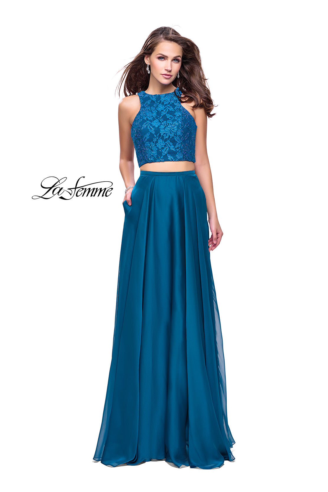 Picture of: Two Piece Prom Gown with Beaded lace Top and Pockets in Teal, Style: 26087, Detail Picture 3
