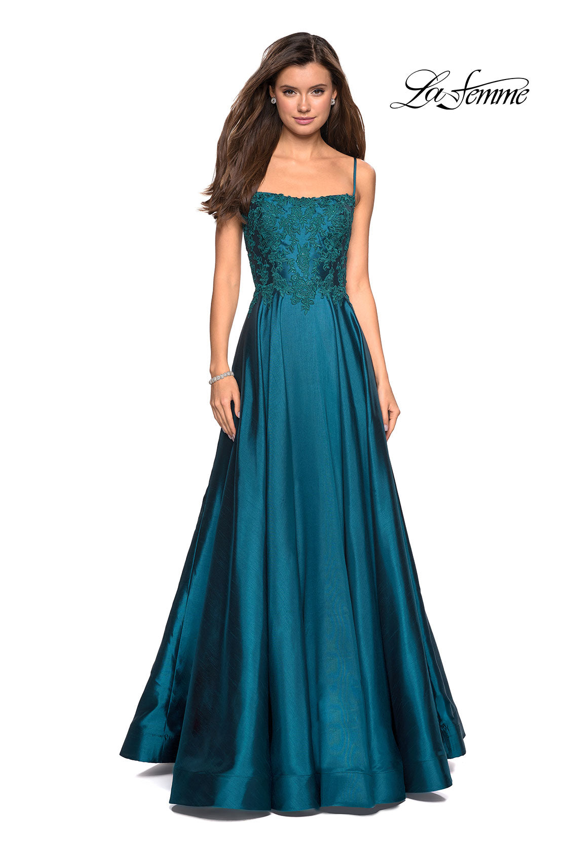 Picture of: Long Mikado Gown with Lace Bust and Open Back in Teal, Style: 27222, Detail Picture 3