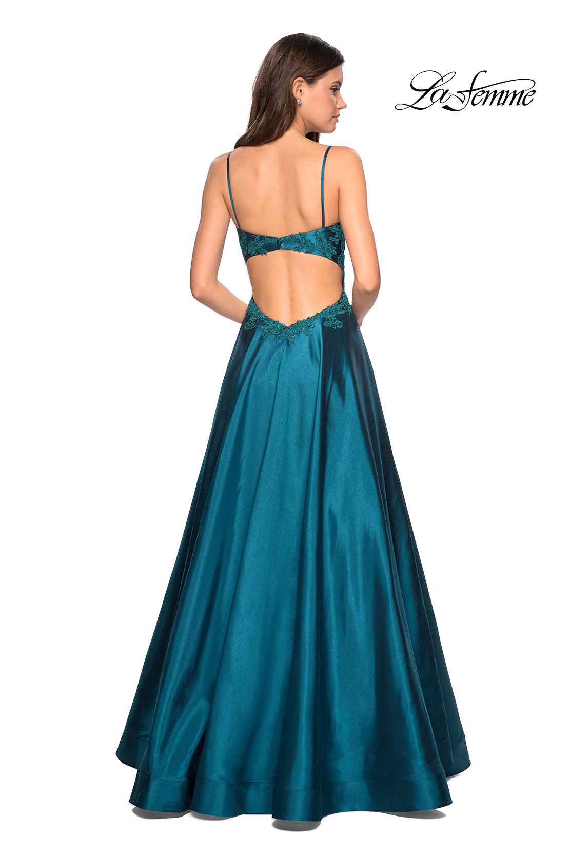 Picture of: Long Mikado Gown with Lace Bust and Open Back in Teal, Style: 27222, Detail Picture 4