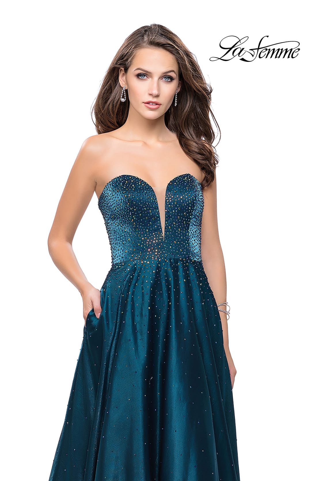 Picture of: Long Strapless Mikado Ball Gown with Beading in Teal, Style: 26104, Detail Picture 5