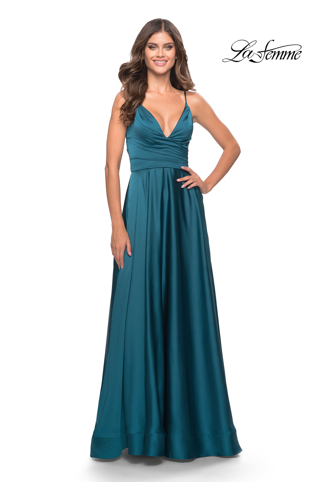 Picture of: A-Line Satin Gown with Ruched Bodice and V Neck in Teal, Style: 31505, Detail Picture 5