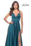 Picture of: A-Line Satin Gown with Ruched Bodice and V Neck in Teal, Style: 31505, Detail Picture 6