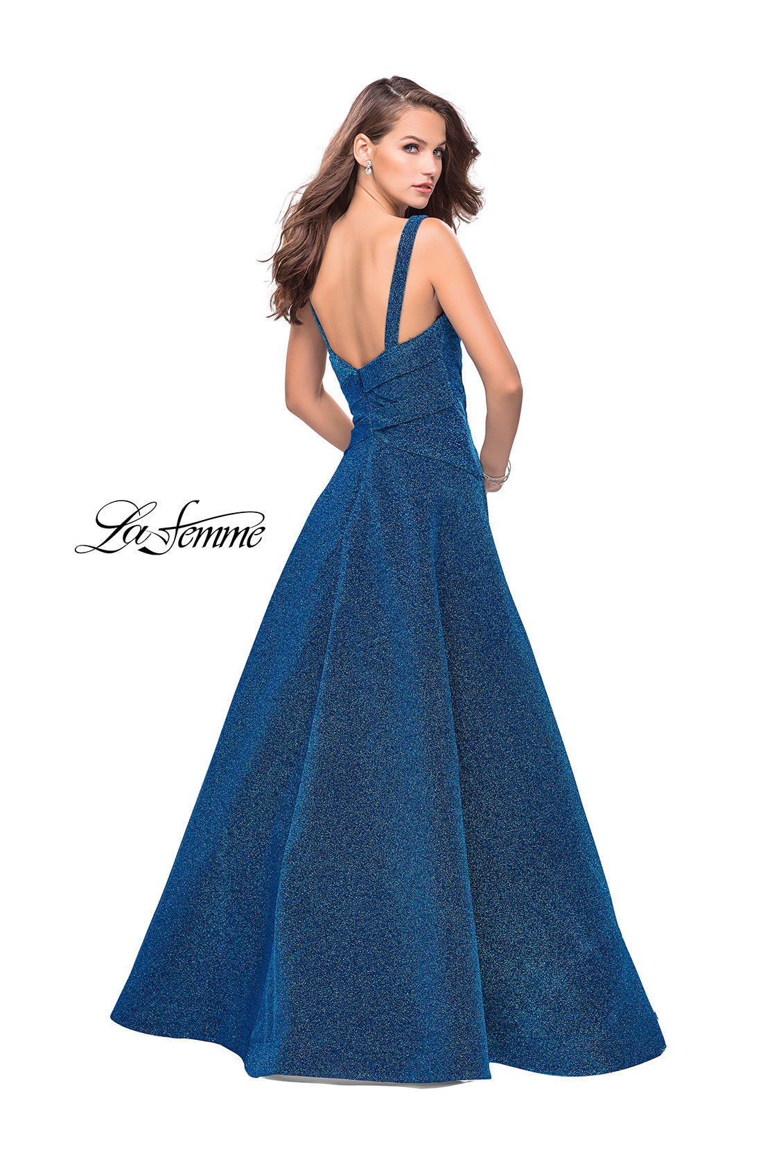 Picture of: Sparkling Mikado A-line Ball Gown with Ruched Bodice in Turquoise, Style: 26325, Back Picture