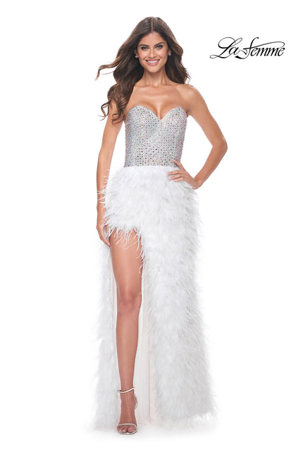 Picture of: Feather Prom Gown with High Slit and Full Rhinestone Strapless Bodice in White Feather, Style: 32165, Main Picture