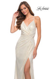 Picture of: Criss Cross Ruched Metallic Prom Dress with Slit White Gold, Style 29836, Detail Picture 5