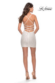 Picture of: Stretch Sequin Fitted Dress with Strappy Lace Up Back in White, Detail Picture 8