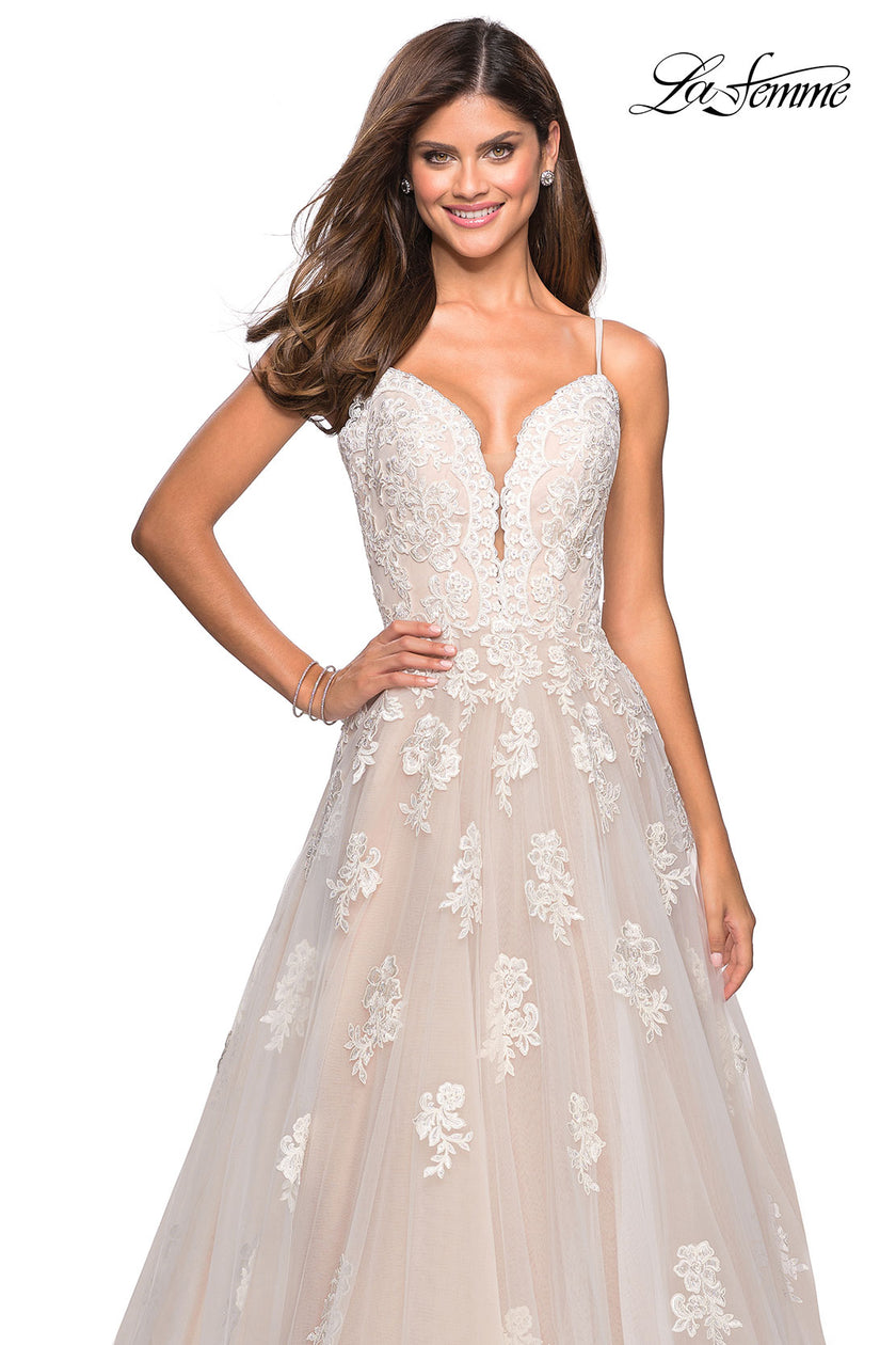 Picture of: Classic Prom Ball Gown with Lace Applique Details in White Nude, Style: 27463, Main Picture