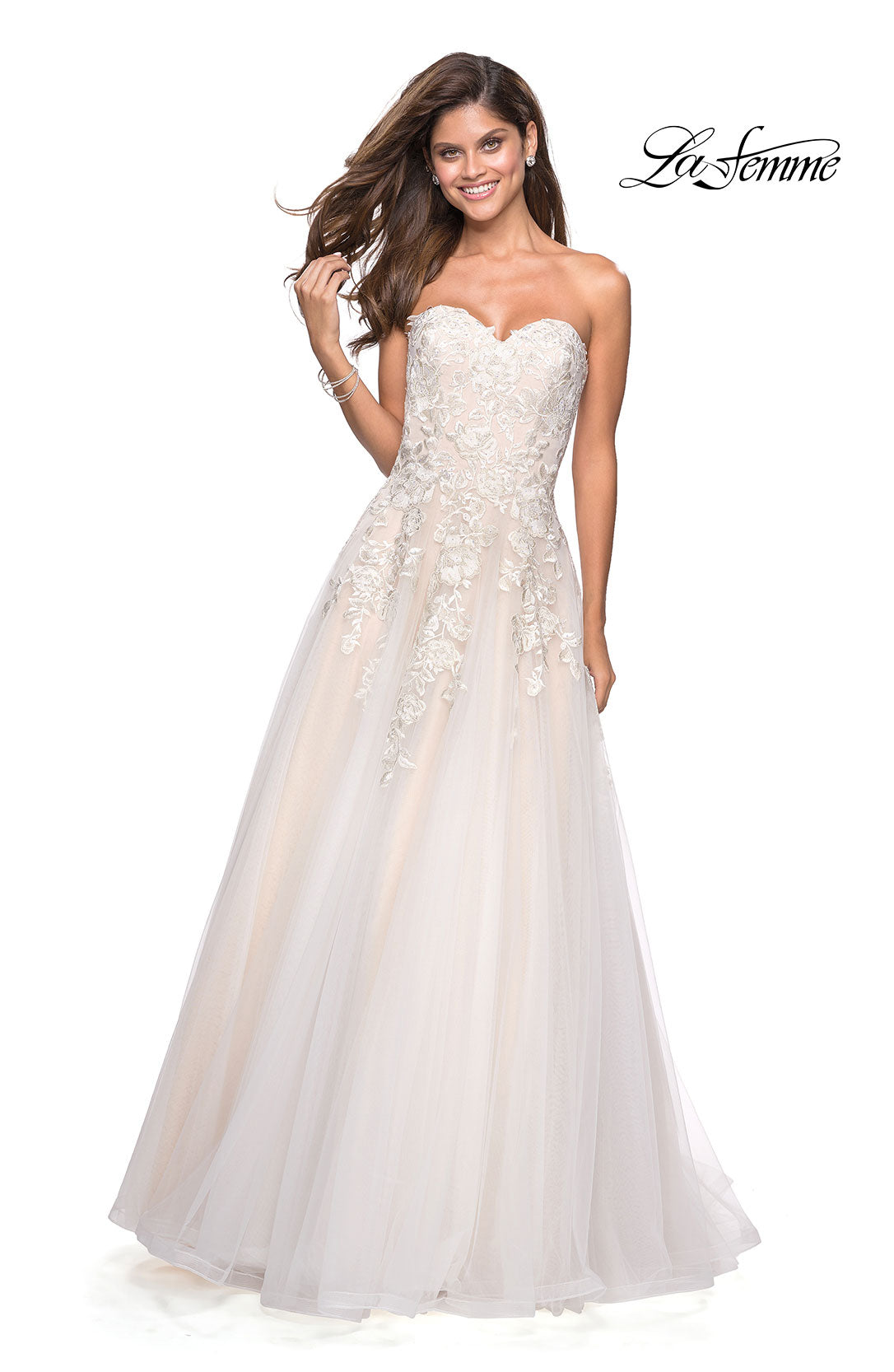 Picture of: Lace Bodice Tulle Prom Dress with Sweetheart Neckline in White Nude, Style: 27508, Main Picture