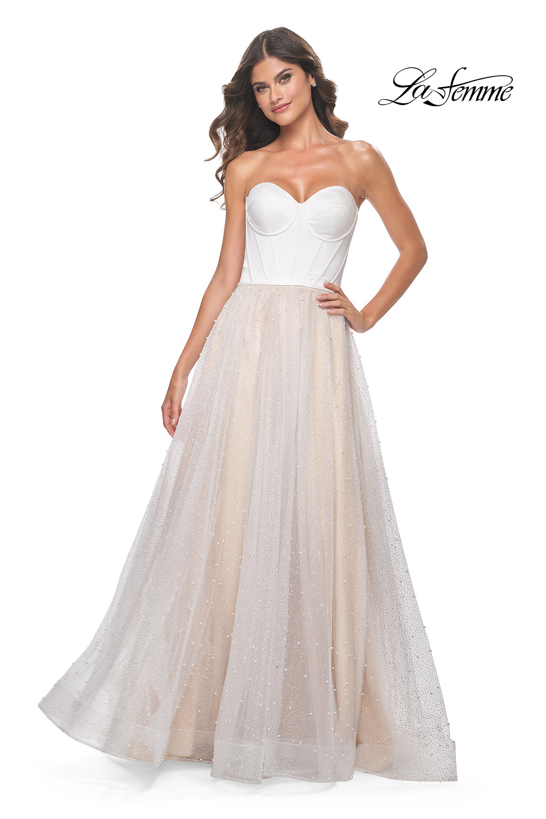 Picture of: Pearl Tulle A-Line with Strapless Satin Bustier Top in White Nude, Style: 32149, Main Picture