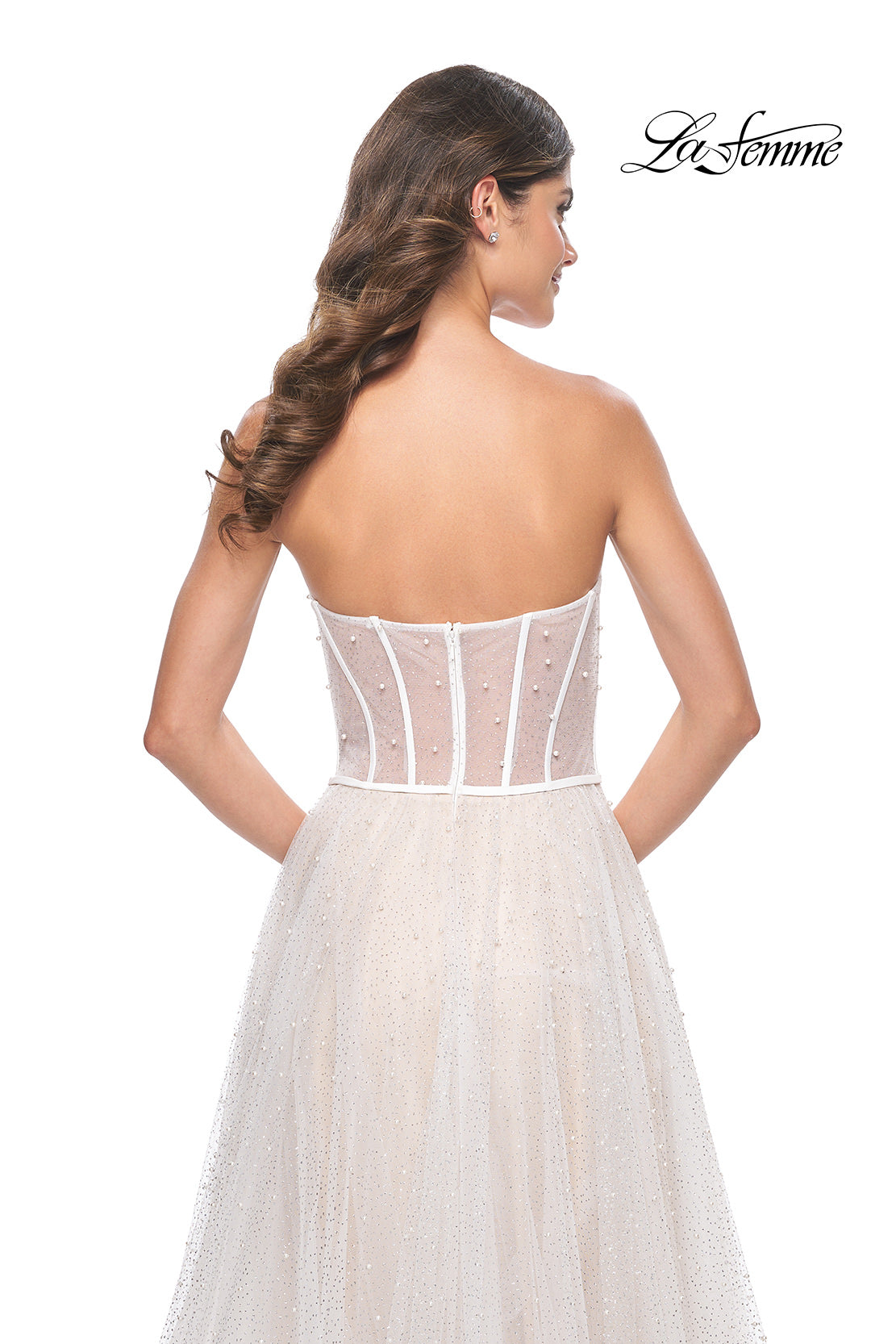 Picture of: Pearl Tulle A-Line with Strapless Satin Bustier Top in White Nude, Style: 32149, Detail Picture 2