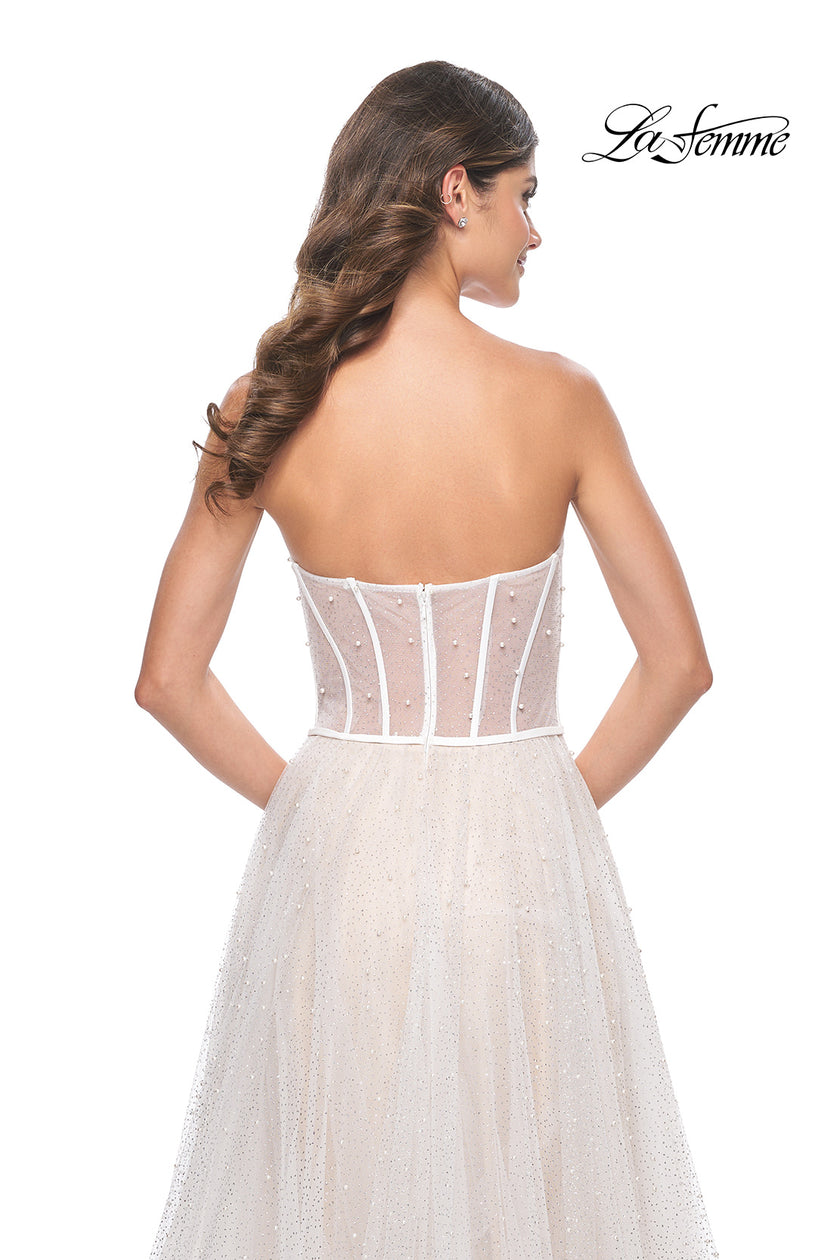 Picture of: Pearl Tulle A-Line with Strapless Satin Bustier Top in White Nude, Style: 32149, Detail Picture 2