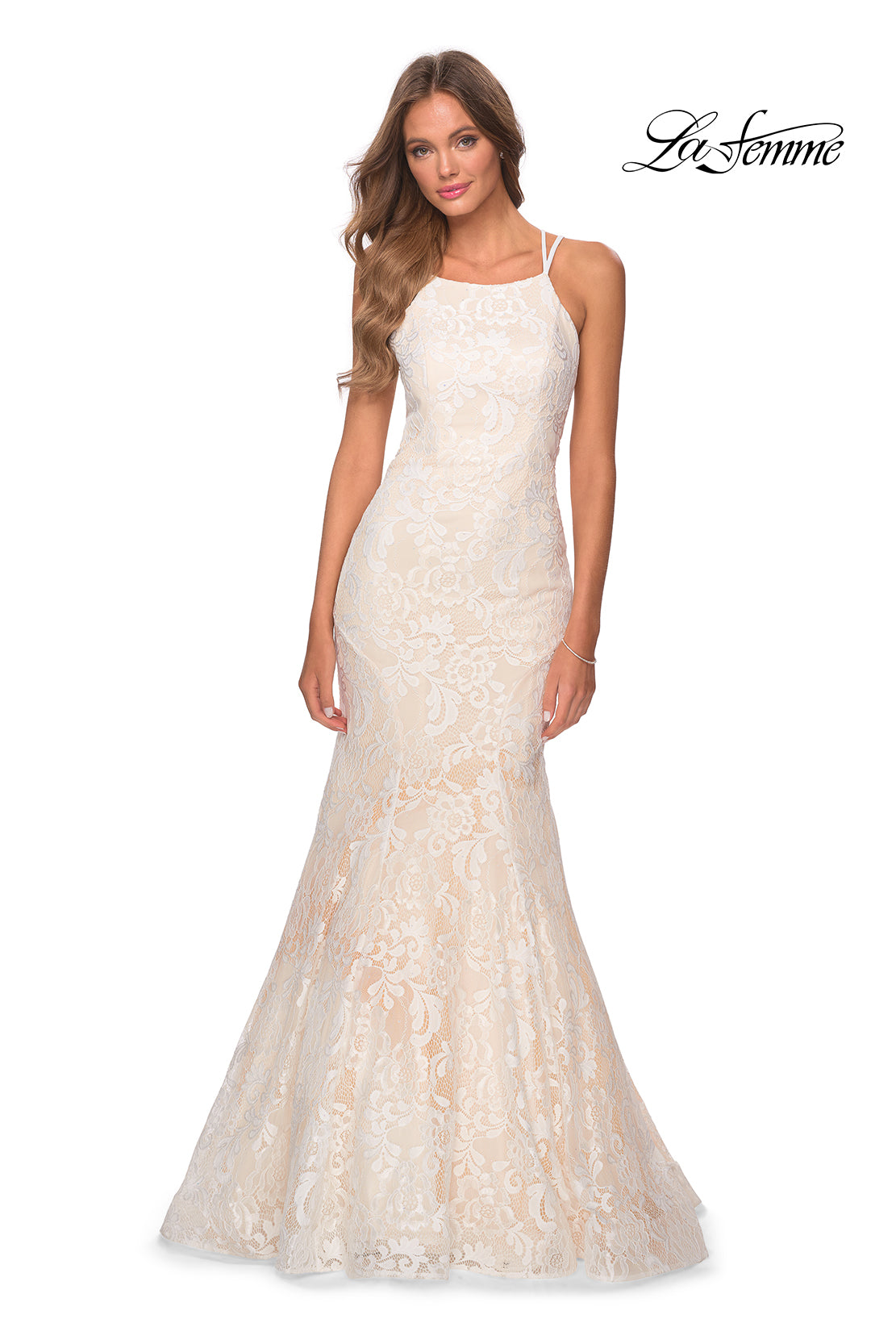 Picture of: Lace Prom Dress with Rhinestones and Strappy Back in White Nude, Style 28140, Detail Picture 5