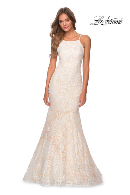Picture of: Lace Prom Dress with Rhinestones and Strappy Back in White Nude, Style 28140, Detail Picture 5