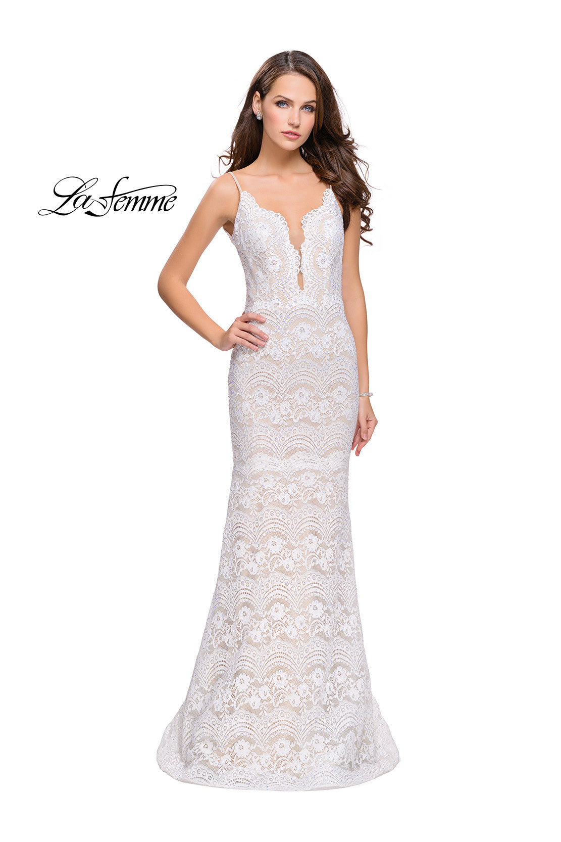 Picture of: Beaded Lace Prom Dress with Mermaid Skirt in White, Style: 26106, Main Picture