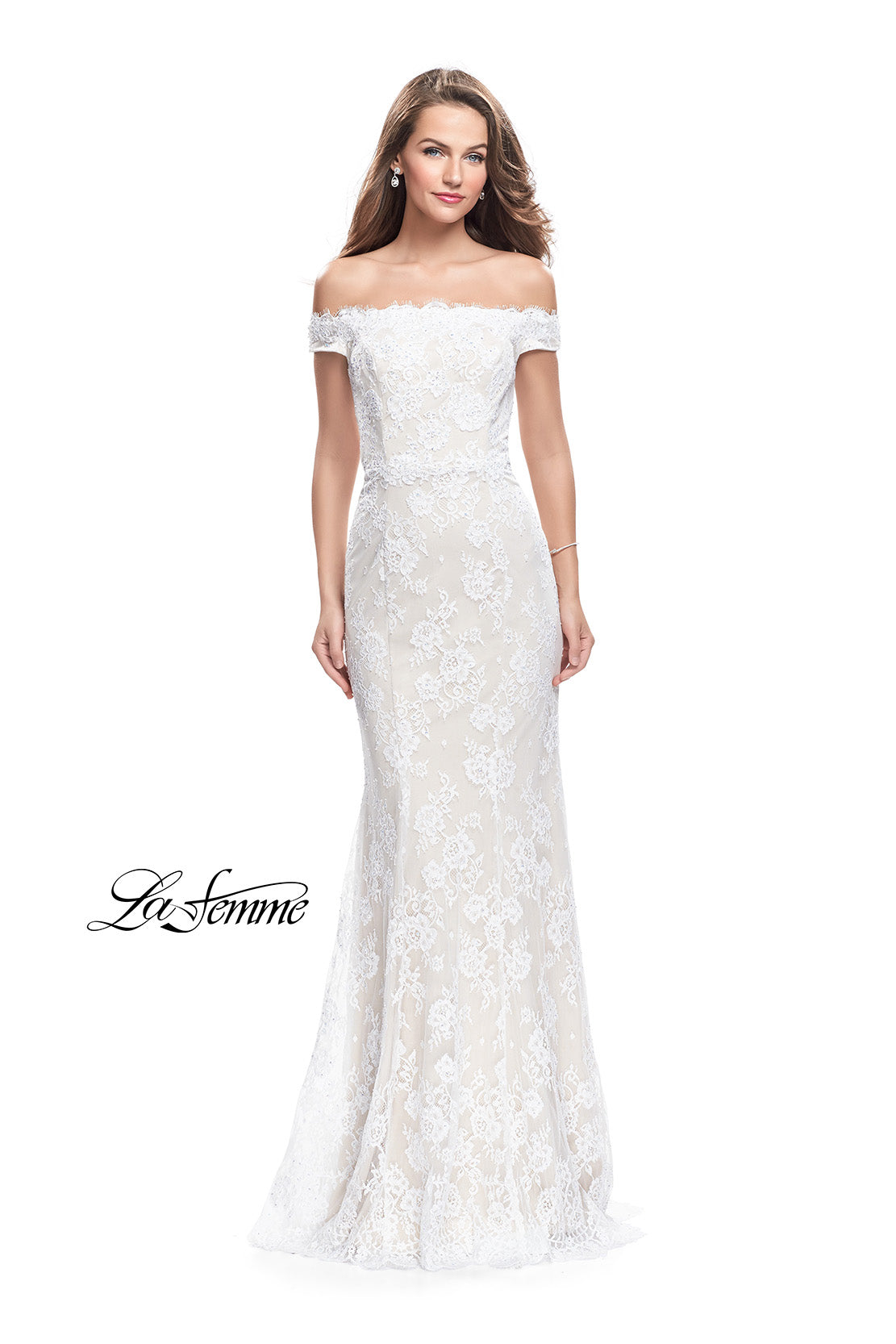Picture of: Off the Shoulder Beaded Lace Gown with Ruffle Detail in White, Style: 26218, Main Picture