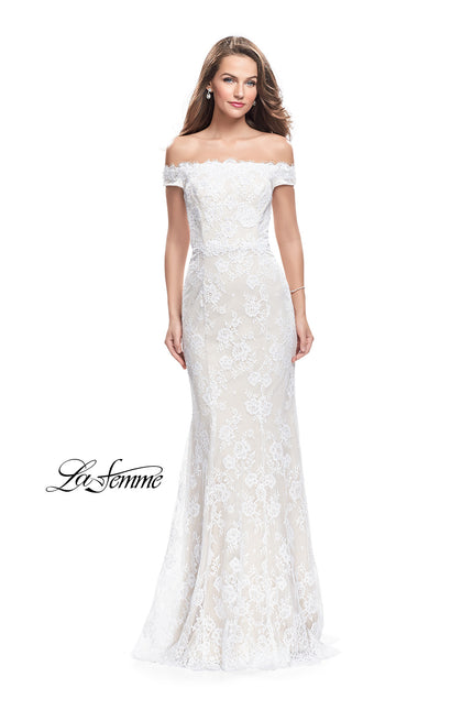 Picture of: Off the Shoulder Beaded Lace Gown with Ruffle Detail in White, Style: 26218, Main Picture