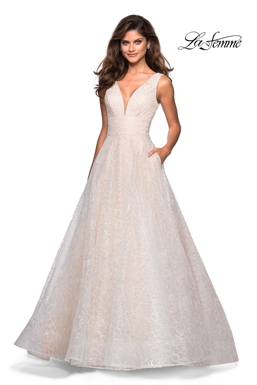 Picture of: Sequin Print Ball Gown with Deep V and Pockets in White, Style: 27323, Main Picture