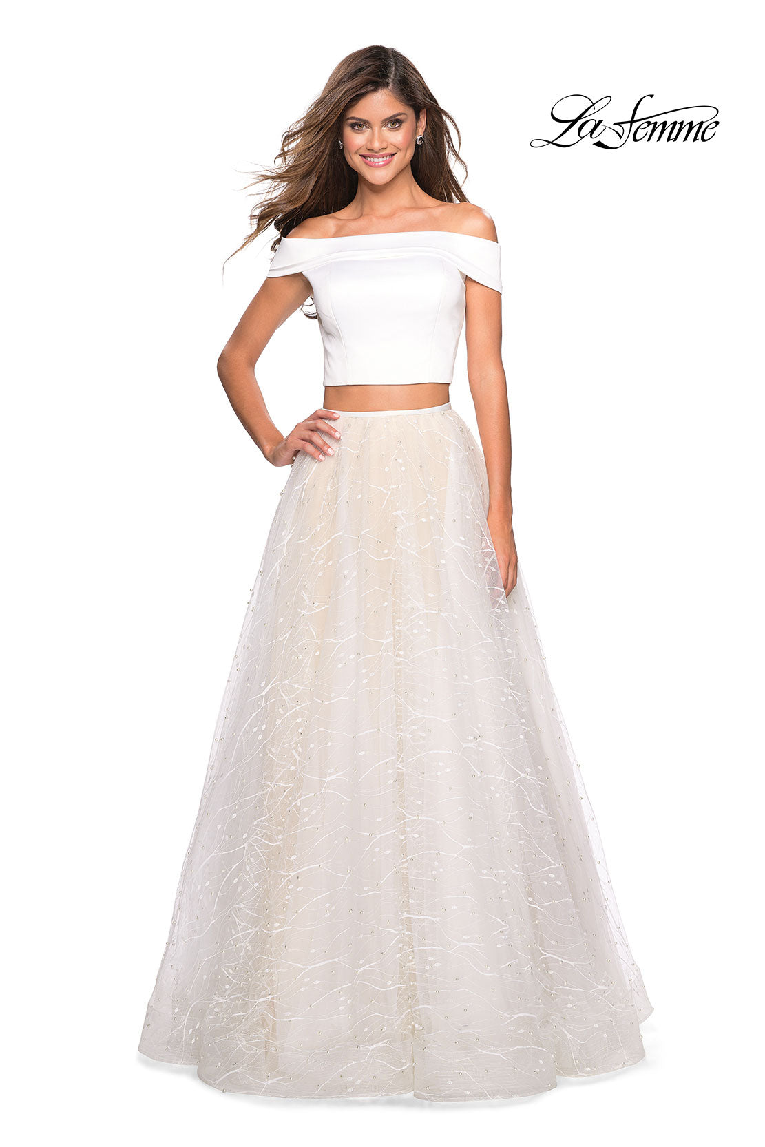 Picture of: Off the Shoulder Two Piece Dress with Textured Skirt in White, Style: 27478, Main Picture