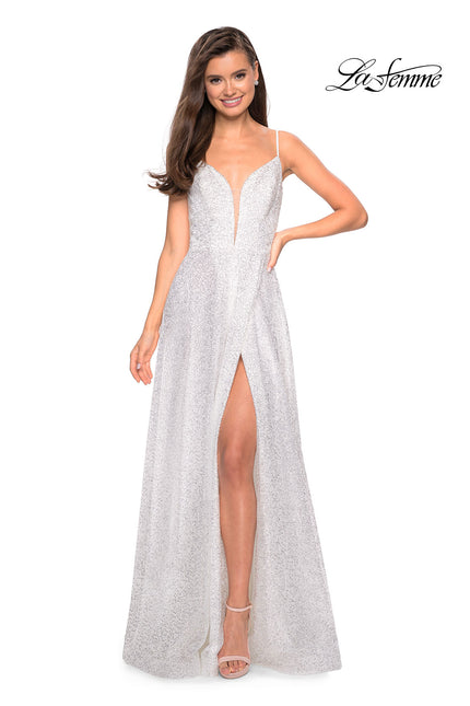 Picture of: Floor Length Sequin Prom Dress With Slit and V Back in White, Style: 27798, Main Picture