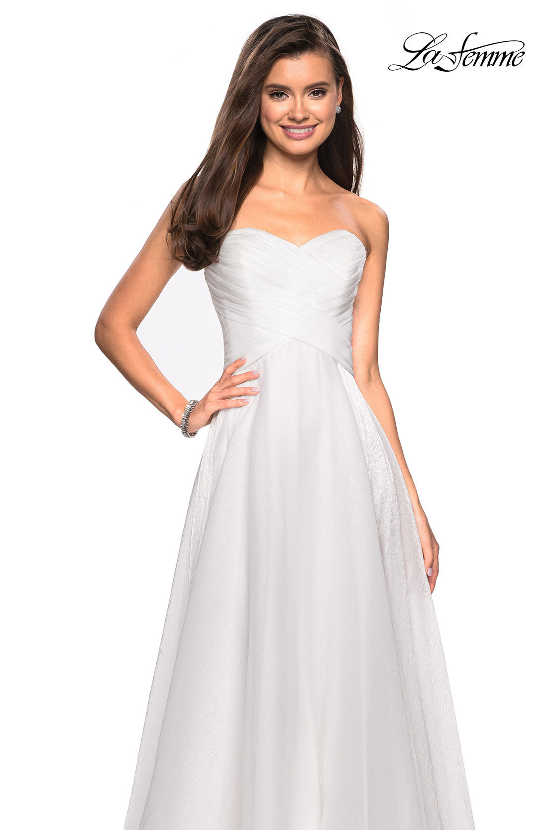 Picture of: Strapless Chiffon Dress with Criss Cross Bodice Detail in White, Style: 27515, Detail Picture 8