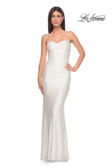 Picture of: Rhinestone Embellished Jersey Dress with Strapless Sweetheart Top in White, Style: 31945, Detail Picture 8