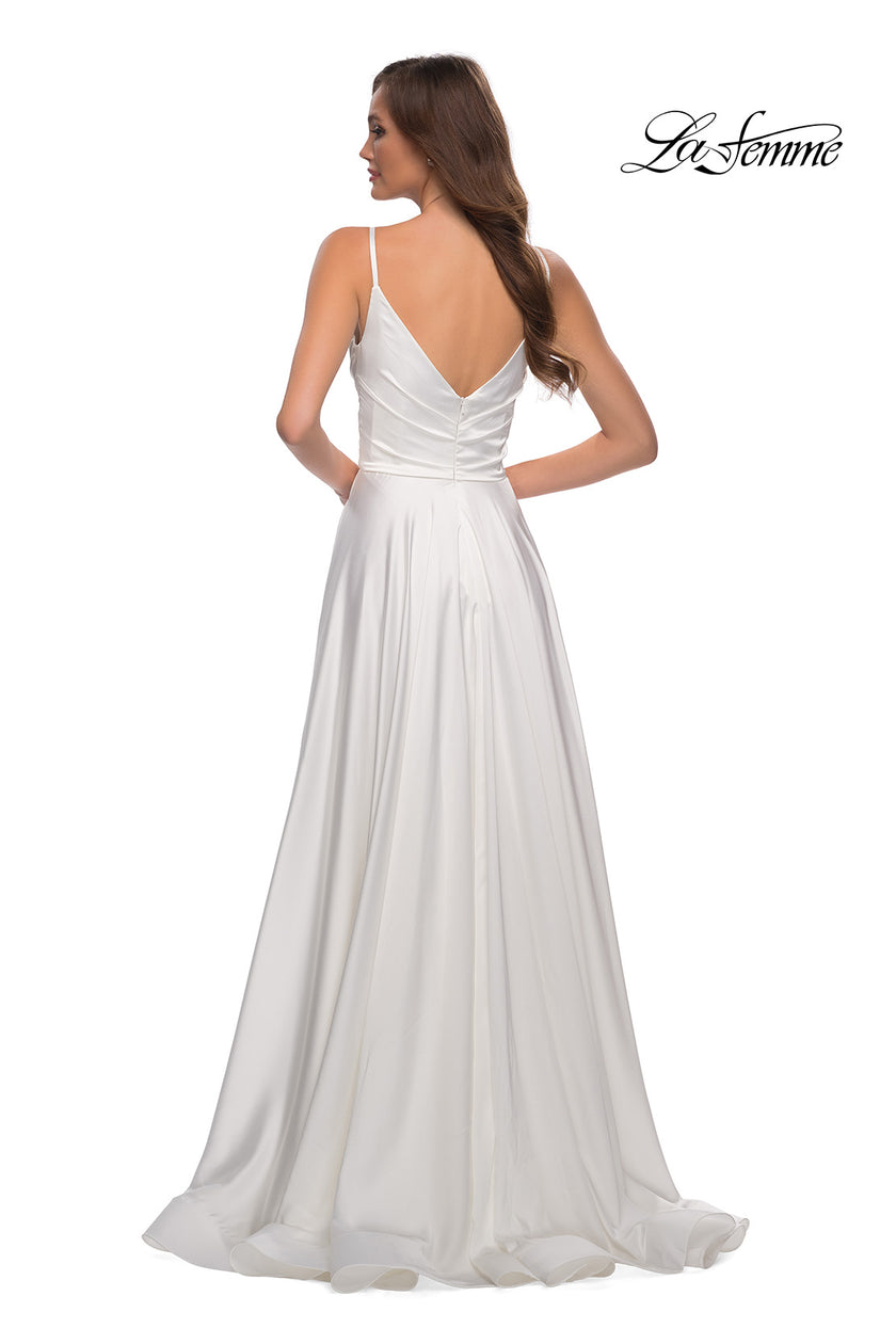 Picture of: Long Satin Dress with Side Slit and V Shaped Back in White, Style: 28607, Detail Picture 10
