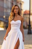 Picture of: Strapless Satin A-Line Gown with Draped Bodice and High Slit in White, Style: 33417, Detail Picture 16