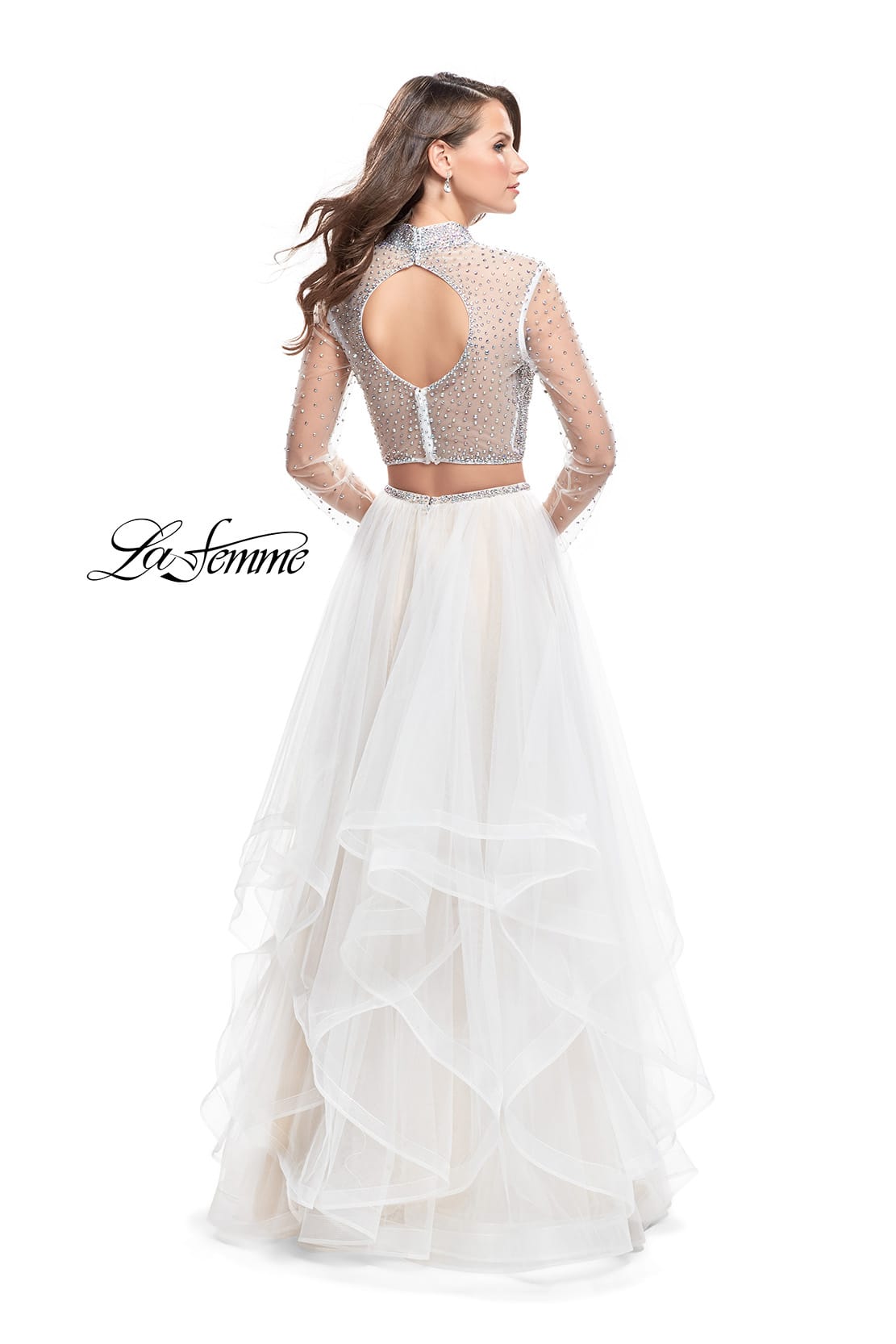 Picture of: Long Sleeve Two Piece Dress with Tulle Ruffle Skirt in White, Style: 25555, Back Picture