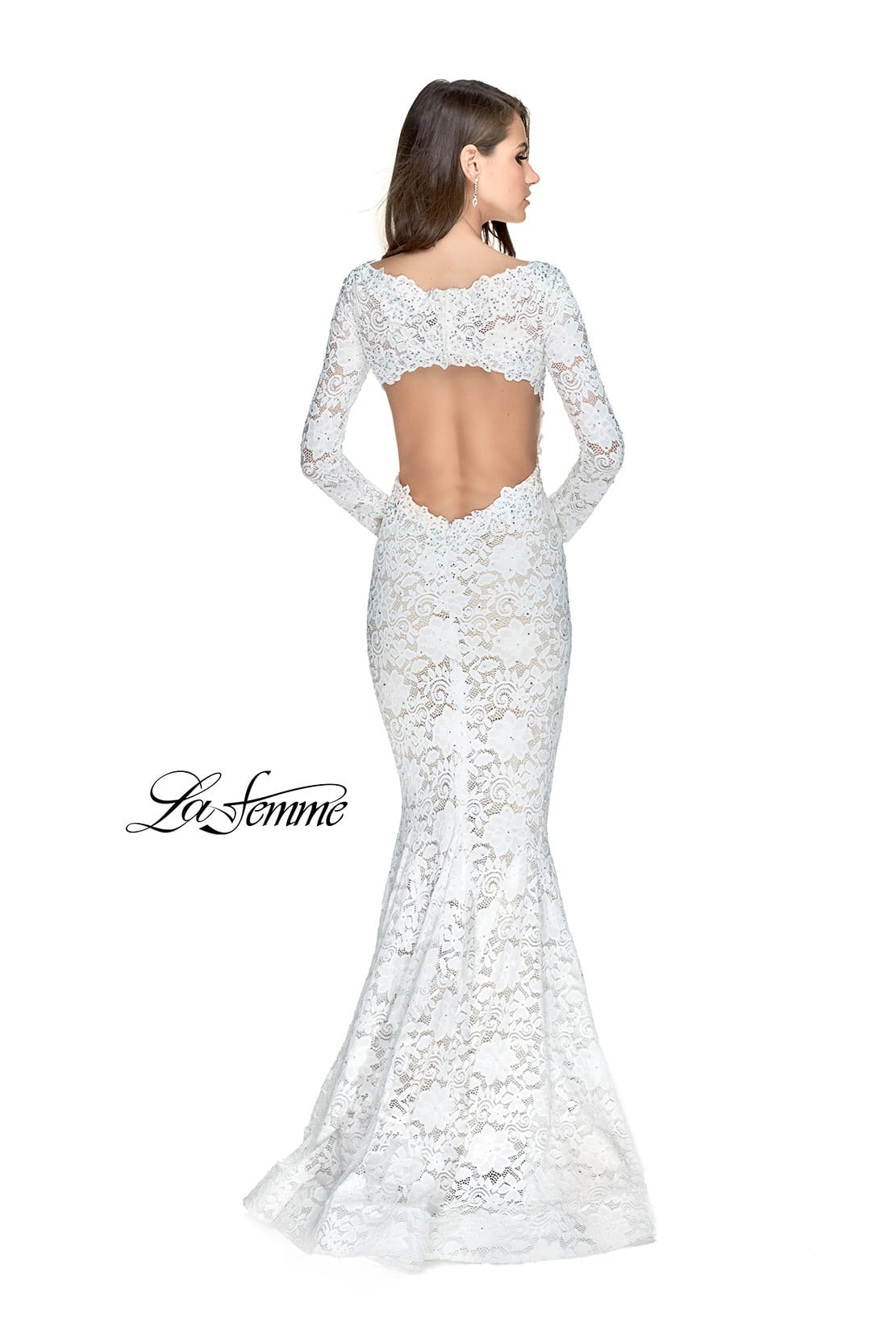 Picture of: Long Sleeve Lace Mermaid Prom Dress with Metallic Beads in White, Style: 25607, Back Picture