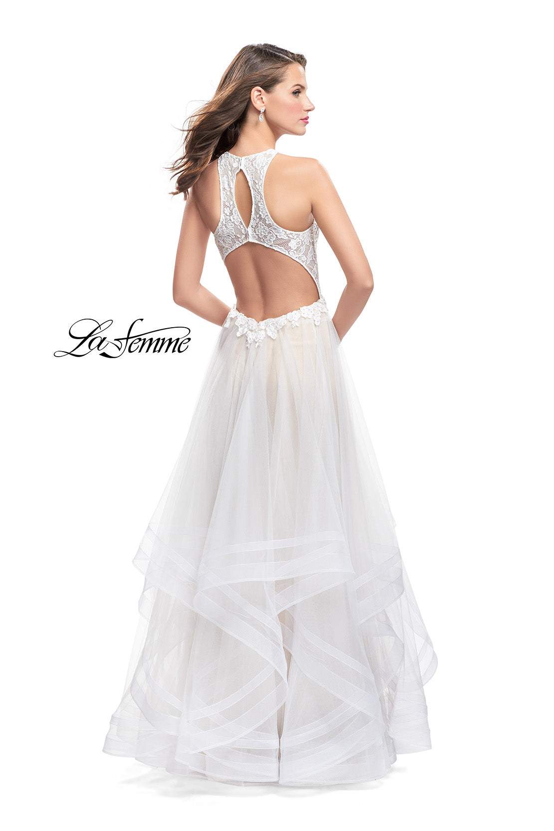 Picture of: Long Prom Ball Gown with Tulle Overlay and Beaded Top in White, Style: 25671, Back Picture