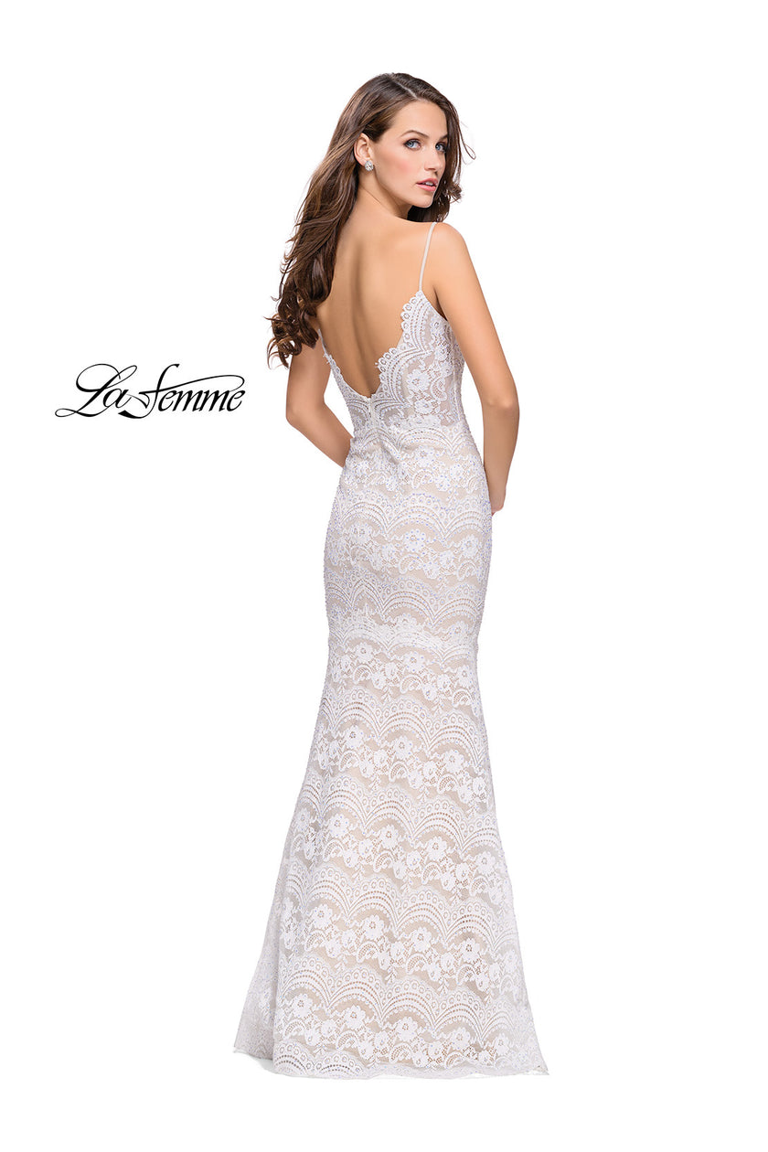 Picture of: Beaded Lace Prom Dress with Mermaid Skirt in White, Style: 26106, Back Picture