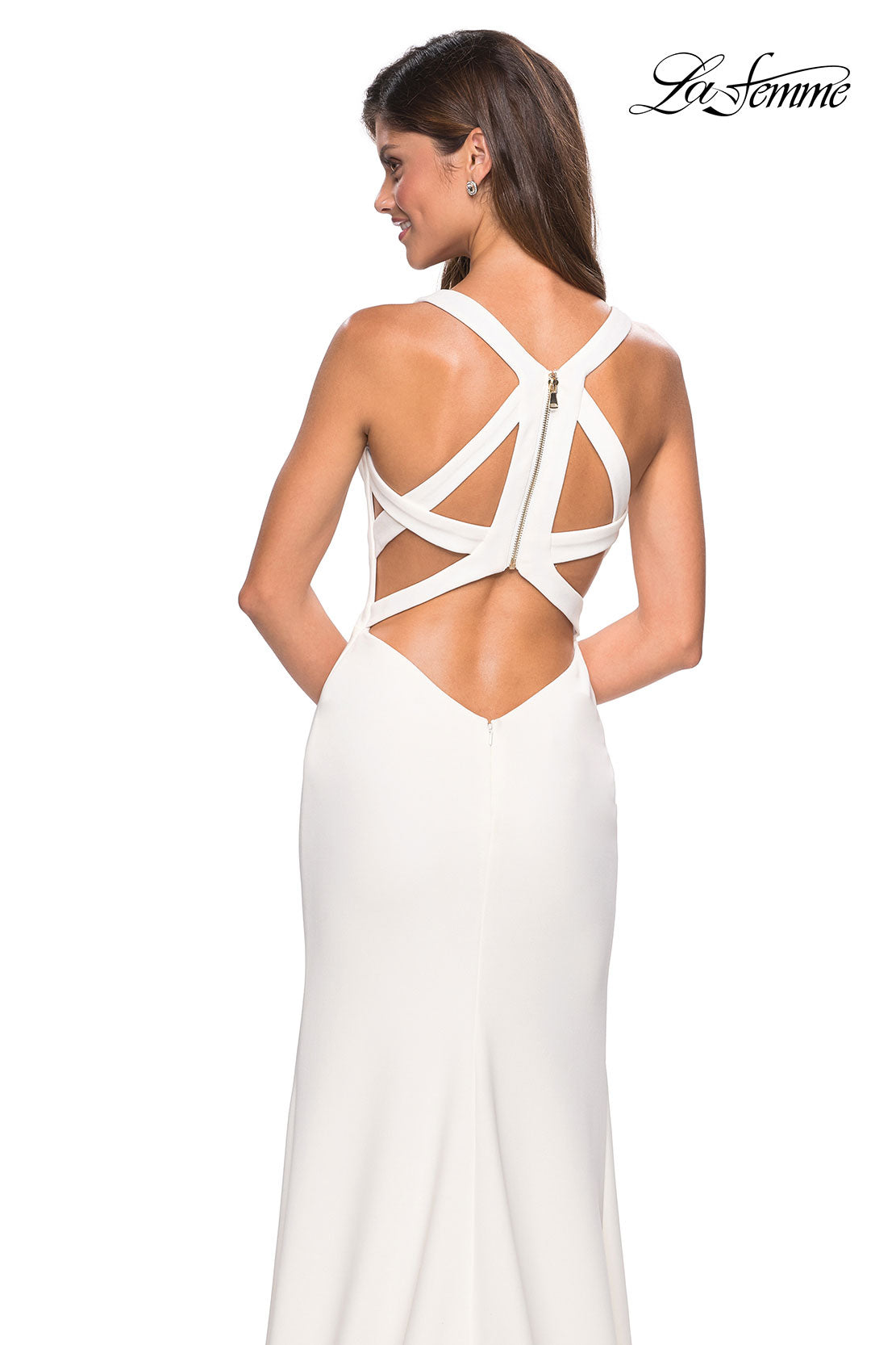 Picture of: Long Jersey Prom Dress With Exposed Back Zipper in White, Style: 27031, Back Picture