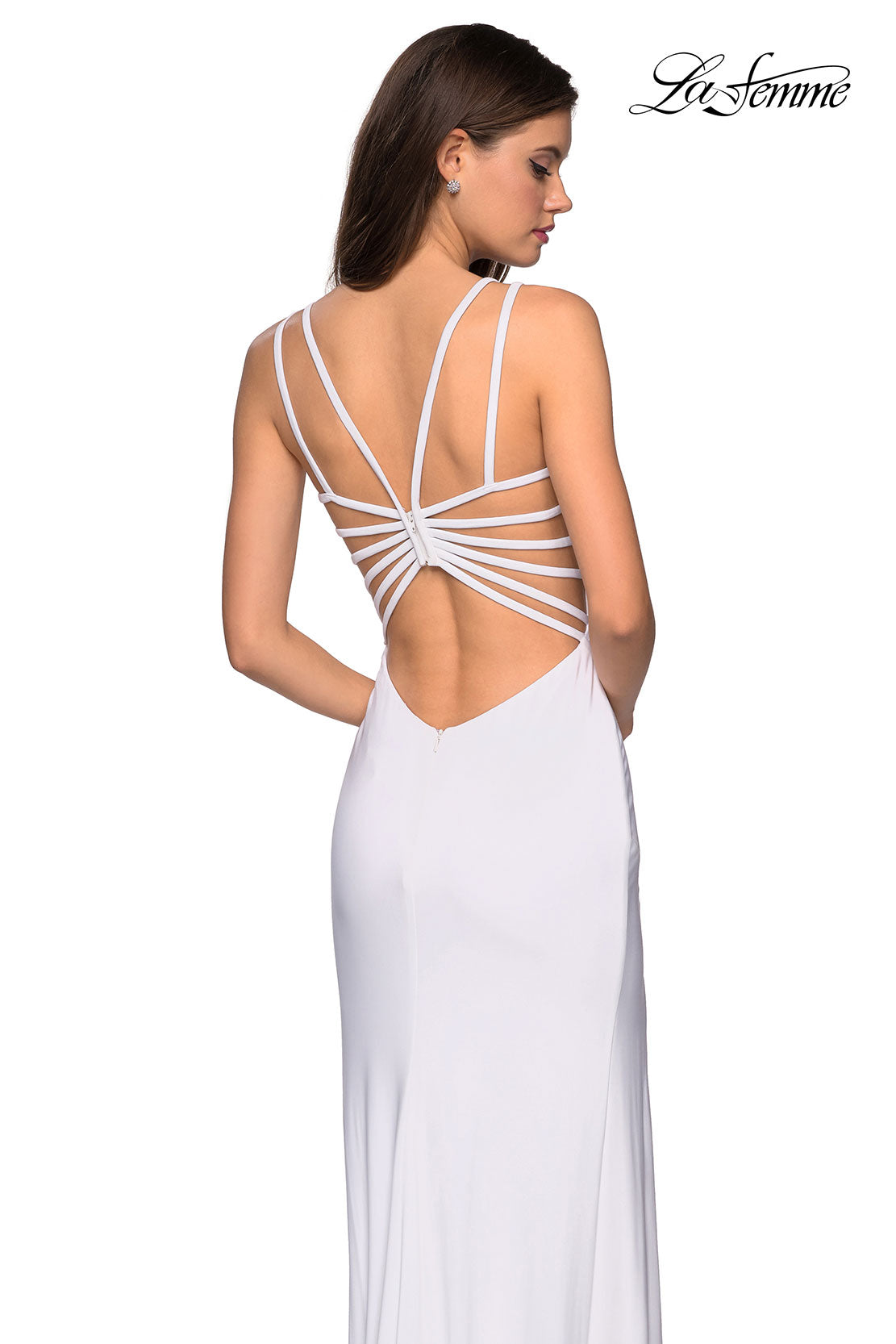 Picture of: Sultry Long Dress with Intricate Strappy Back in White, Style: 27072, Back Picture