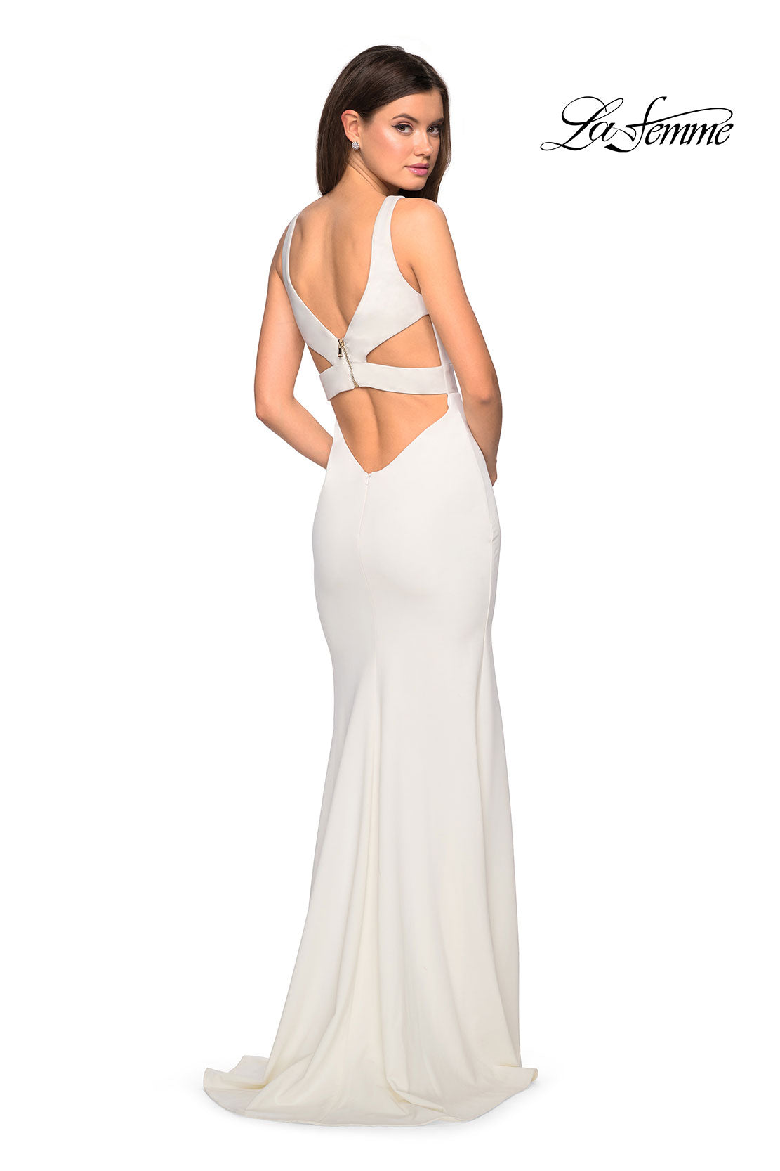 Picture of: Long Jersey Prom Dress with Cut Out Back Detail in White, Style: 27181, Back Picture