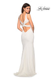Picture of: Long Jersey Prom Dress with Cut Out Back Detail in White, Style: 27181, Back Picture